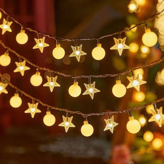 Festival Lights, Battery Powered Fairy Lights 33ft 80LED, Outdoor Waterproof String Lights with Remote, 8 Modes for Indoor, Garden, Patio, Camping, Xmas Decor (Stars+Small Beads E)