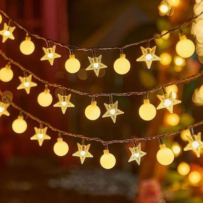 Festival Lights, Battery Powered Fairy Lights 33ft 80LED, Outdoor Waterproof String Lights with Remote, 8 Modes for Indoor, Garden, Patio, Camping, Xmas Decor (Stars+Small Beads E)