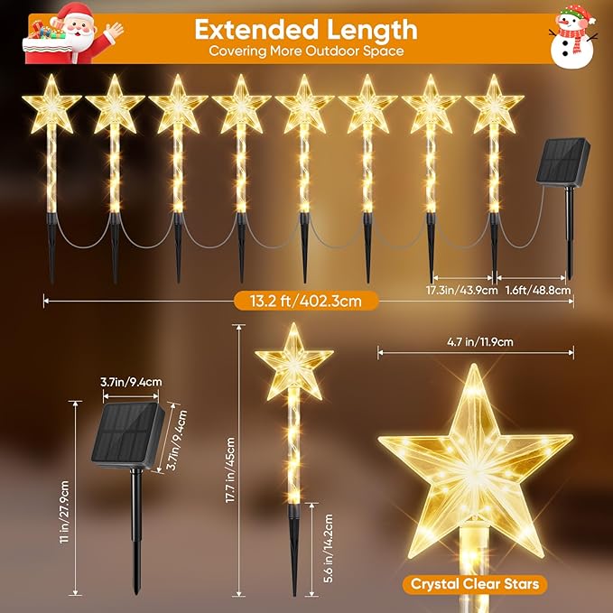 Solar Lights Outdoor Christmas Decorations: 8 Pack 64 Warm White LED Star Pathway Lights - 2025 Upgrade Outside Solar Christmas Decorations with 8 Modes for Yard Garden Porch Lawn Decor