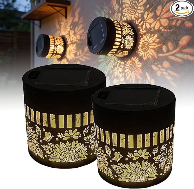Solar Mandala Lights Outdoor Decorative - Waterproof Metal Mandala Solar Wall Lights, Artistic Fence & Step Lights for Garden, Patio, Backyard, Yard & Outdoor Home (2, Sunflower-Colored Light)