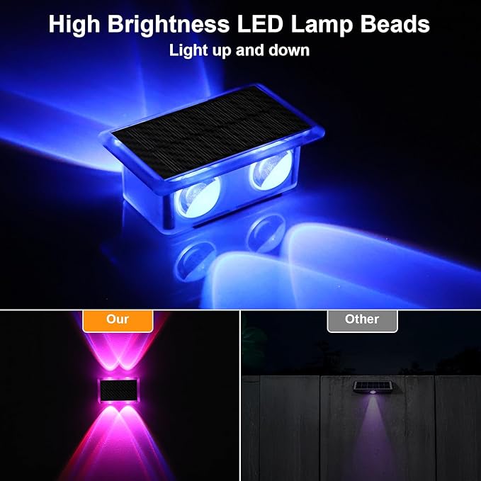 Solar Fence Lights Outdoor, New Up Down Lighting Fence Lights Solar Powered with 8 Modes Warm White/RGB, IP65 Waterproof Solar Wall Light for Backyard Wall Pathway Deck Patio Decor - 12 Pack