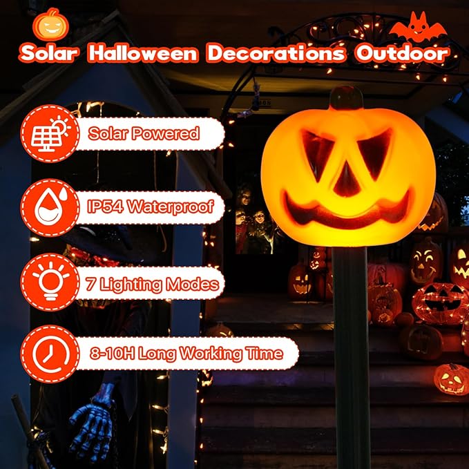 Halloween Decorations Outdoor 4 Sets Solar Pumpkin Pathway Lights for Outside 7 Lighting Modes IP65 Waterproof for Yard Garden Pathway and Walkway