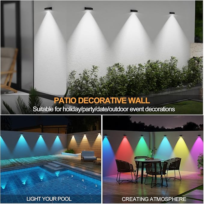 Solar Fence Lights,Fence Lights Solar Powered Waterproof IP65 Multicolor Led 12 Fixed Colors ＆RGB Color Changing for Pool, Deck, Patio, Porch, Stairs, Holiday-8pack