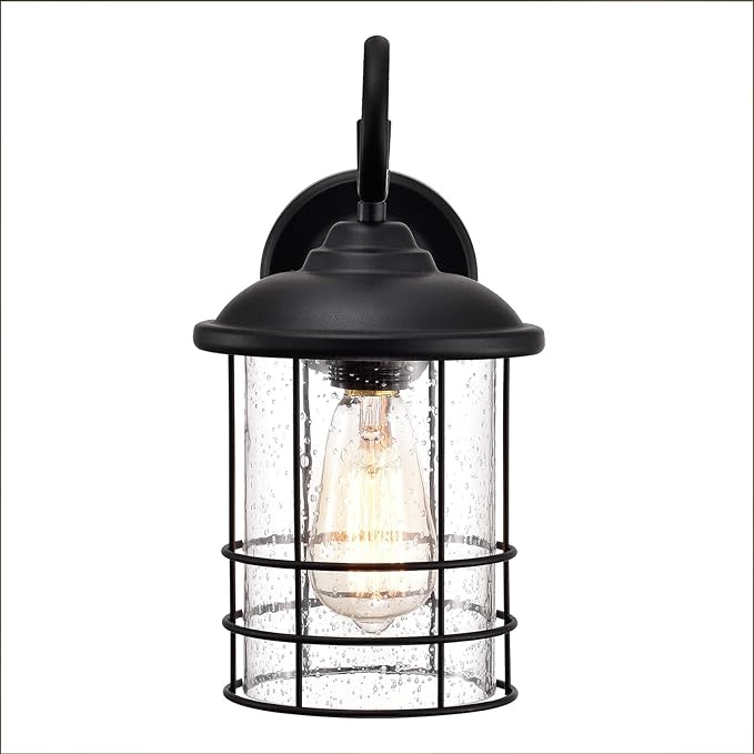 MICSIU 12.25 Inch Outdoor Wall Sconce, Anti-Rust Exterior Light Fixture with Clear Seedy Glass, Matte Black Farmhouse Porch Light for House, Garage, Entryway, Patio, Dimmable, 1-Pack