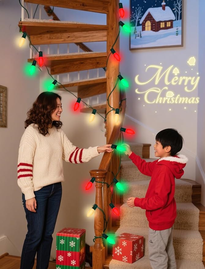 Abeja C9 LED String Light Outdoor, 50Ft Vintage Christmas Lights with 54 Red White and Green Bulbs(4 Spare), Commercial Outdoor Christmas Lights for Holiday Wedding Party