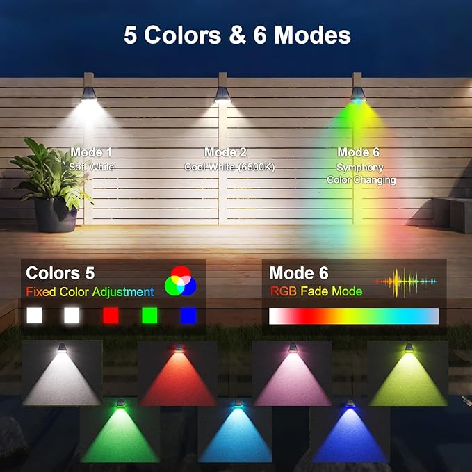 4 Pack Solar Fence Lights Outdoor, RGBW Halloween/Christmas Solar Lights 90°Adjustable Waterproof Up and Down Lighting Solar Powered for Garden/Pool/Patio/Wall.