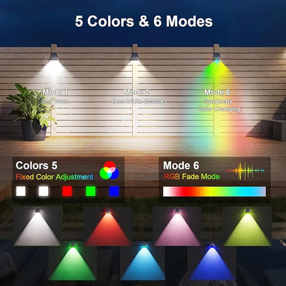 Solar Lights for Fence, 90° Adjustable, White&7 Color Cycling&RGB,IP65 Waterproof LED Deck Light, Dusk to Dawn Wall Lights for Backyard, Outside, Pool, Garden, Step.