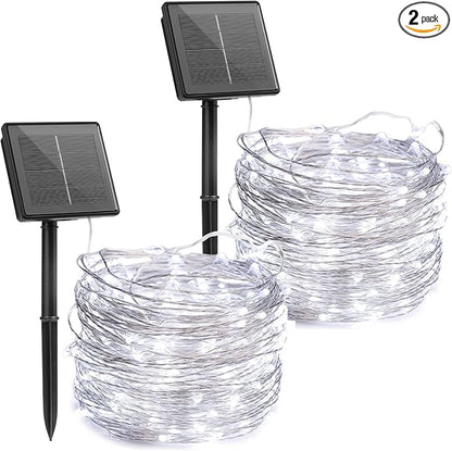 Brightown Outdoor Solar String Lights, 2 Pack 33 Feet 100 Led Solar Powered Fairy Lights with 8 Modes Waterproof Decoration Copper Wire Light for Patio Yard Trees Christmas Wedding Party (Pure White)