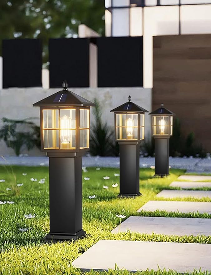 Solar Square Landscape Lights 23.6" Outdoor Solar Pathway Light Glass Bollard Lantern Auto On/Off Solar Garden Floor Lamp 3-Color Waterproof Solar Path Light For Lawn Courtyard Walkway Driveway