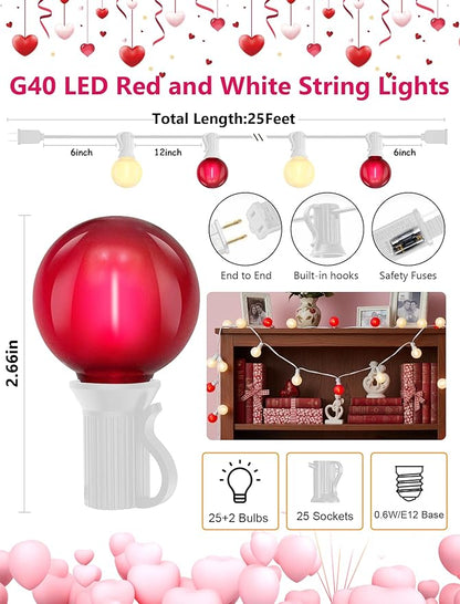 G40 LED Valentine’s Day String Lights, 25Ft Valentines Decorations Lights Outdoor with Frosted Red White Round Bulbs, Hanging Patio Lights Shatterproof for Indoor Home Decor Wedding Party, White Wire