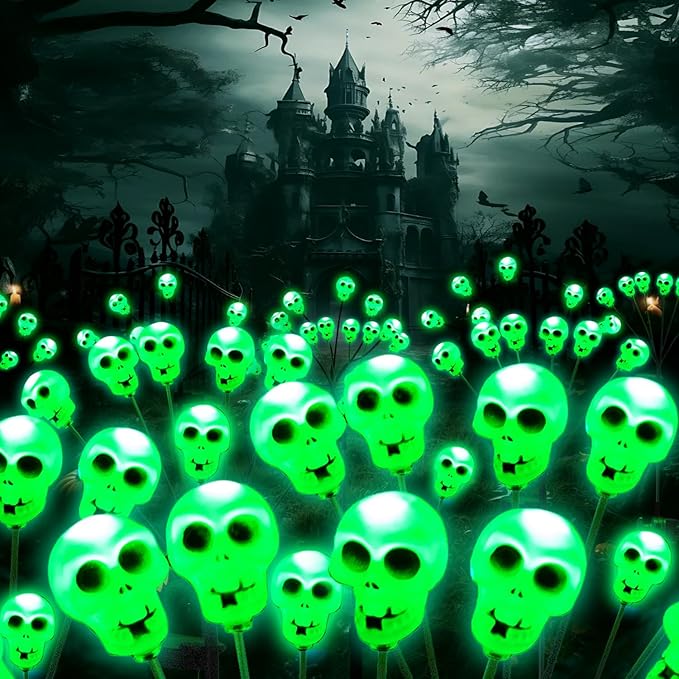 Halloween Solar Pathway Lights 2PK 12 LEDs Solar Outdoor Garden Stake Lights,Waterproof Pathway Light for Halloween Party Home Yard Patio Decorations Skull