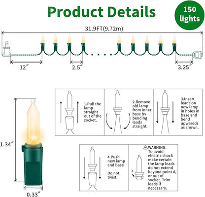 LAMPHOME Clear Christmas String Lights 150 Count 31.9Ft Incandescent Bulb Mini Lights for Indoor Outdoor Xmas Tree Garland Birthday Wedding Party Festival Decoration, Green Wire
