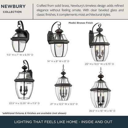 Quoizel Newbury Outdoor Wall Lantern, 20 Inch 2-Light Medici Bronze Wall Sconce, French Country Exterior Wall Lantern Fixture, E12 Base, Clear Glass, Outside Lights for Patio, Porch, Garage or Yard