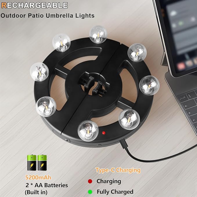 Umbrella Lights Outdoor Patio, Rechargeable Cordless with Dimmer &Timer, 8 Bright Warm White LED Bulbs Perfect for | Lumora