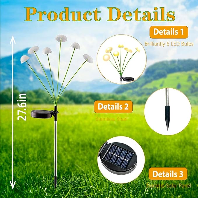 4 Pack Solar Jellyfish Lights Outdoor Waterproof–Upgraded Intelligent Light Control, IP65 Waterproof, Six-Head Mushroom Garden Lights for Pathway, Yard, Fence, Patio
