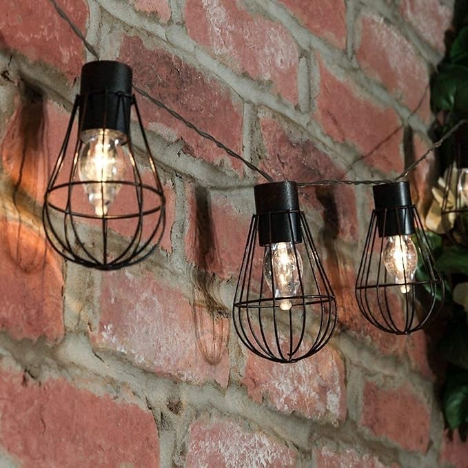 Solar Bulbs String Light,Metal Shade/Wire Cage-10 LED Bulbs Outdoor Fairy Lights Vintage String Lights Decoration for Garden Patio Cafe Porch