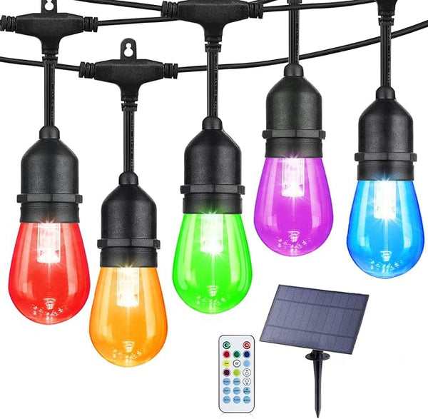 24FT Solar Outdoor String Lights, 12 Shatterproof E26 Edison LED Bulbs, Dimmable RGB Color Changing Patio Lights | Lumora