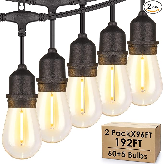 Mlambert 2 Pack 96FT Outdoor String Lights with 60+5 LED Vintage 2700K Bulbs, Dimmable Waterproof Lights for Patio Balcony-192FT in Total-Black Cord
