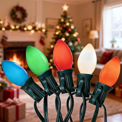 C7 Vintage Christmas String Lights with 27 Multicolor Ceramic Bulbs, 25FT Retro Outdoor String Lights for Christmas Tree Patio Garden Roofline Decoration (Green Wire)