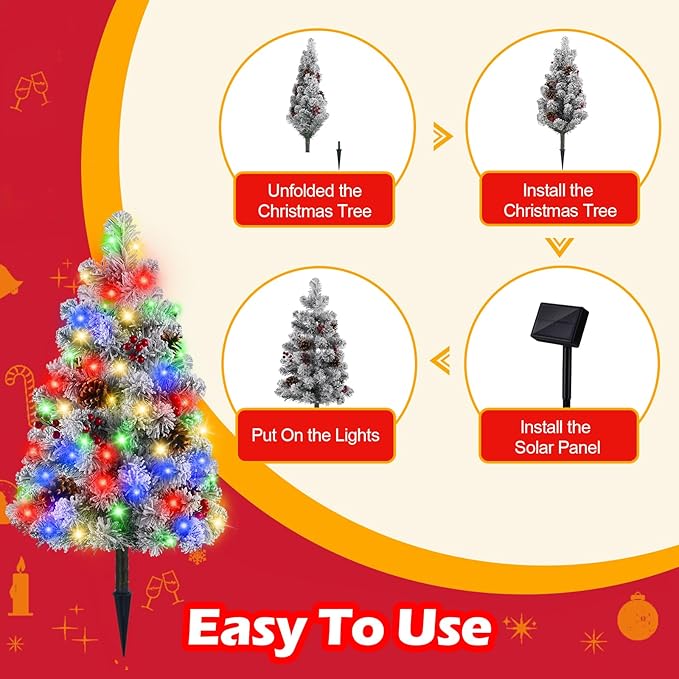 Brightever Solar Christmas Tree Lights Snow Flocked, 68LED Christmas Outside Decor with 8 Lighting Modes, Pine | Lumora