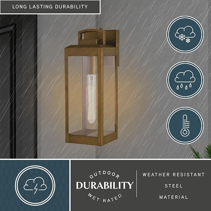VAXCEL Kinzie Outdoor Porch Light, 5" W x 14.25" H Gold Brass Outdoor Lantern, Modern Dusk to Dawn Wall Light for | Lumora