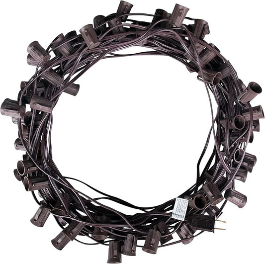C9 Light Strand, 100 FT Outdoor String Lights Christmas Stringer with 100 Sockets for Christmas Decor Patio, E17 Light Socket, 12 Spacing, Brown Wire