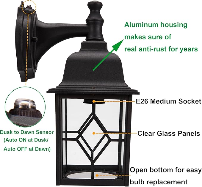 LIT-PaTH Dusk to Dawn Outdoor Wall Lantern, Matte Black Large Exterior Wall Light Fixture, E26 Base, Anti-Rust | Lumora