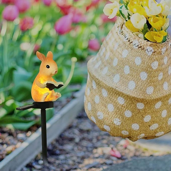 Garden Bunny Statue Solar Lights, Rabbit Outdoor Decor Stake Light, Egg Rabbit Figurines Decor for Patio Balcony Yard Lawn, Bunny Gardening Gift for Women, Mom, Grandma