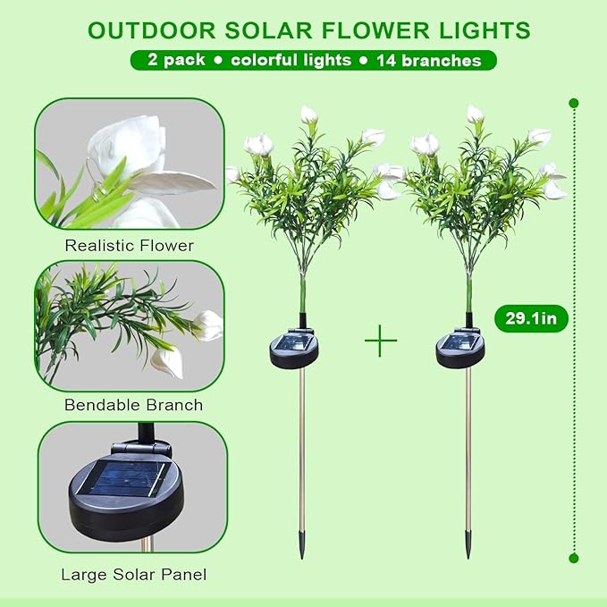 DUODEAN Solar Flower Lights Outdoor, 42-LED Colorful Gardenia Flowers with Auto On/Off and Bendable Stems, Waterproof Decorative Garden Lights for Yard, Pathway, Patio, Cemetery Gravesite (2 Pack)