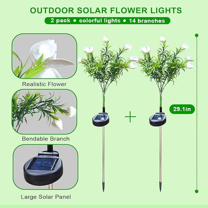 DUODEAN Solar Flower Lights Outdoor, 42-LED Colorful Gardenia Flowers with Auto On/Off and Bendable Stems, Waterproof Decorative Garden Lights for Yard, Pathway, Patio, Cemetery Gravesite (2 Pack)