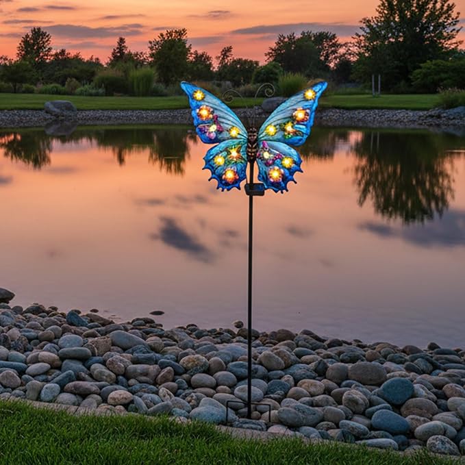Butterfly Solar Lights Outdoor Waterproof Large with 14 String Bulbs and Flowers, Solar Garden Stakes Butterfly Yard Decor Gardening Gifts for Women Mom Grandma Gardeners Enthusiasts 50"