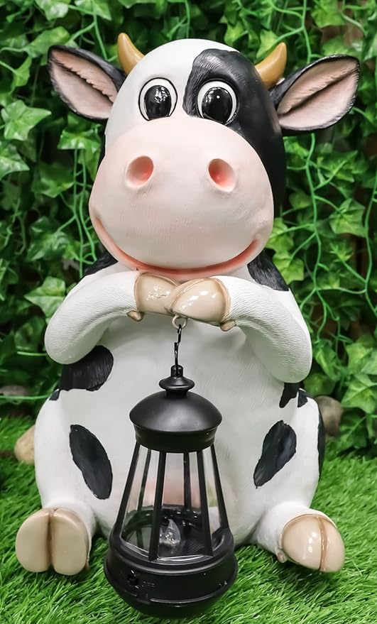 Ebros Gift Country Animal Farm Whimsical Bovine Holstein Mama Cow Statue with Solar LED Lantern Light Betty Sue Garden Decor Path Lighter Night Light Sculpture