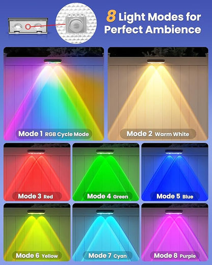 Solar Fence Lights Outdoor, 10 Pack Warm White/RGB Fence Solar Lights with 2 LED, IP65 Waterproof, Backyard Patio Decor for Deck, Wall, Railing, Pool, Stair