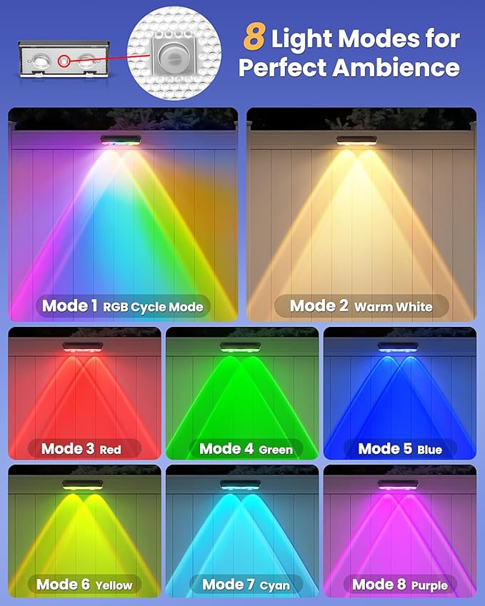 Solar Fence Lights Outdoor, 20 Pack Warm White/RGB Fence Solar Lights with 2 LED, IP65 Waterproof, Backyard Patio Decor for Deck, Wall, Railing, Pool, Stair