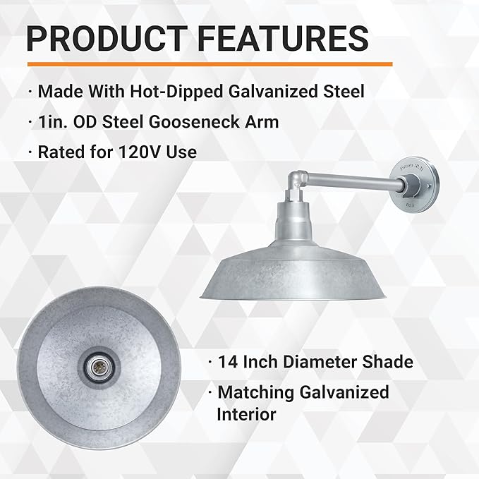 14in. Galvanized Outdoor Gooseneck Barn Light Fixture with 13in. Long Extension Arm - Wall Sconce Farmhouse | Lumora