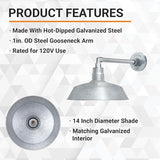 14in. Galvanized Outdoor Gooseneck Barn Light Fixture with 13in. Long Extension Arm - Wall Sconce Farmhouse | Lumora
