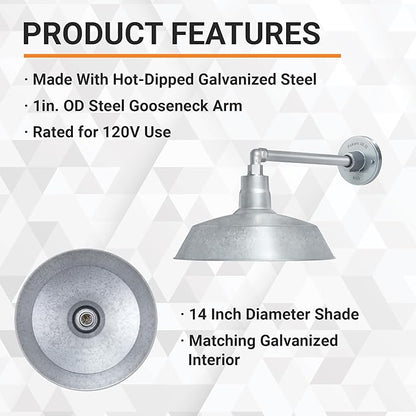14in. Galvanized Outdoor Gooseneck Barn Light Fixture with 13in. Long Extension Arm - Wall Sconce Farmhouse, Vintage, Antique Style - UL Listed - 9W 900lm A19 LED Bulb (5000K Cool White)