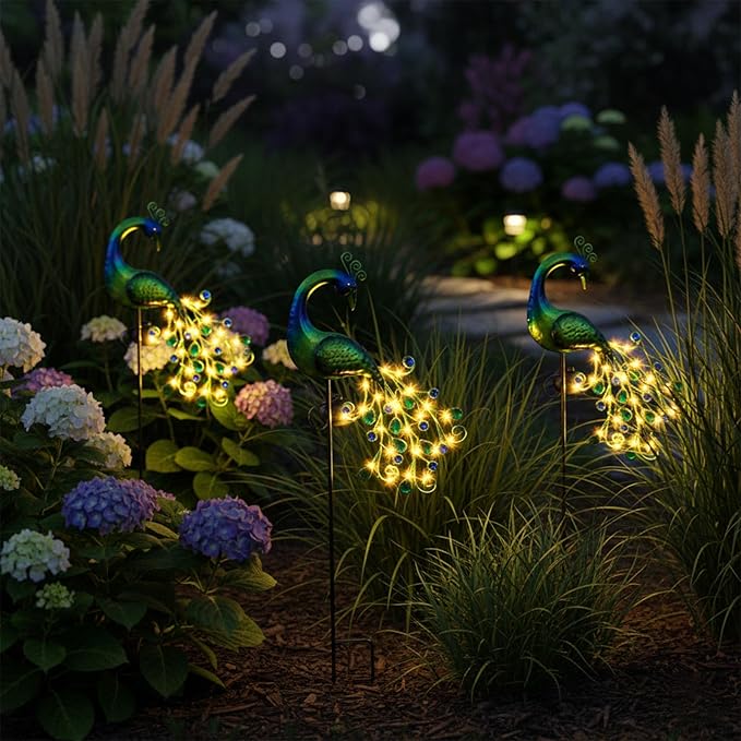 Solar Garden Lights Metal Peacock Garden Decor Waterproof Peacock Solar Stake Lights Decorative for Outdoor Patio Lawn Porch Yard Decorations Peacock Gift for Mom Grandma Women Birthday Gardening