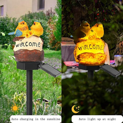 Solar Decor Lights, Welcome Birds Solar Powered Outdoor Garden Light, Resin Animal LED Lights with Stake, Waterproof Solar Stake Lights Decoration for Patio Yard Art Garden Lawn (Yellow)