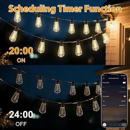 Smart Outdoor String Lights, 200FT ST38 LED Patio Lights with Timer Remote APP Control, 84 Shatterproof LED Bulbs (4 Spare), Dimmable Waterproof Hanging Light for Backyard Porch Party Decor