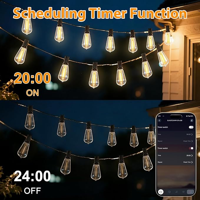 Smart Outdoor String Lights, 50FT ST38 LED Patio Lights with Timer Remote APP Control, 22 Shatterproof LED Bulbs (2 Spare), Dimmable Waterproof Hanging Light for Backyard Porch Party Decor