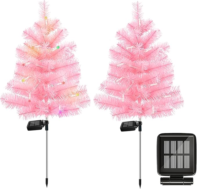 Solar Christmas Tree Stake Lights - Waterproof Xmas Tree & Pathway Lights (Pink, 2pcs)