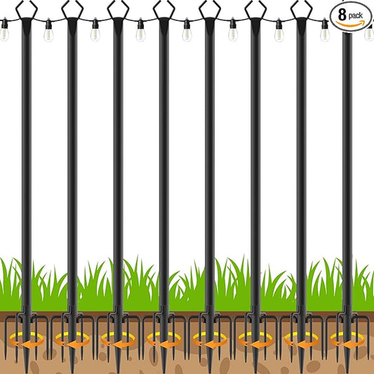 8 Pack 10 ft Heavy Duty Metal String Light Poles Adjustable Outdoor Lighting Stand for Patio,Backyard,Garden,Party & Wedding Rustproof & Sturdy with Hooks