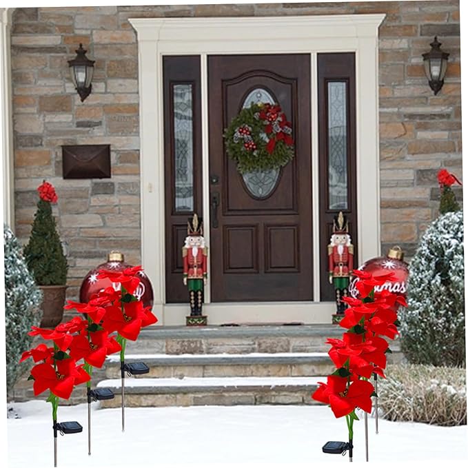 4PCS Solar Flower Lights Waterproof Solar Poinsettias Artificial Christmas Flowers Light with Stake for Pathway Yard Garden Patio Lawn Outdoor