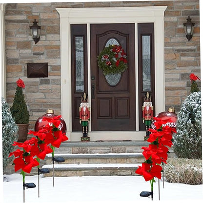 4PCS Solar Flower Lights Waterproof Solar Poinsettias Artificial Christmas Flowers Light with Stake for Pathway Yard Garden Patio Lawn Outdoor