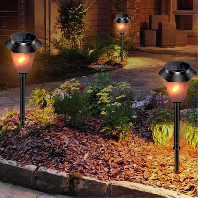 Ulalaza 2Pcs Solar Outdoor Lights 12 LED Flickering Flames Torch Light Waterproof Landscape Ligh Auto On/Off Path Lights