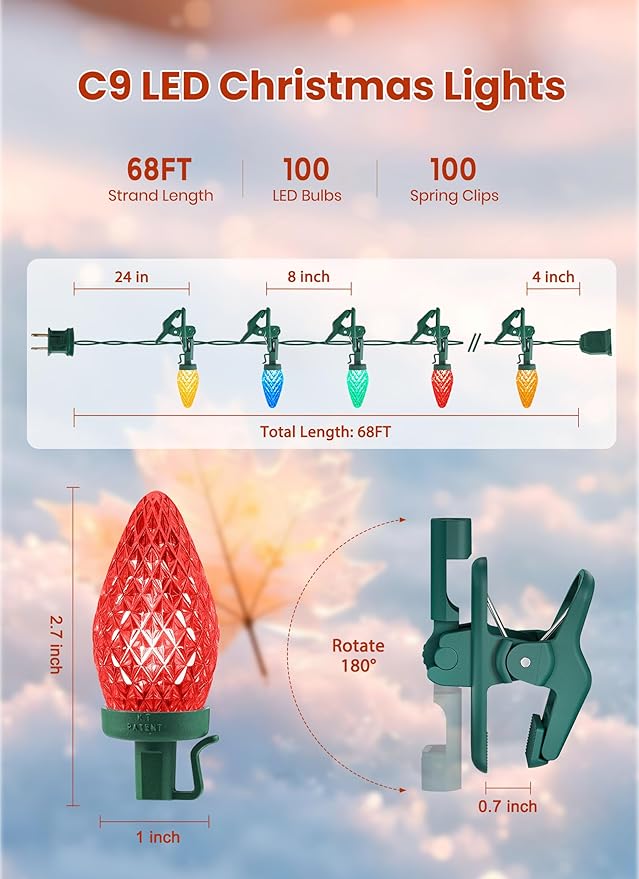 C9 LED Christmas Lights Outdoor, 68Ft 100 LED String Lights with Quick Clips, Commercial Grade Extendable Waterproof Outdoor Christmas Lights for House Outside Roofline Xmas Decorations, Multicolor