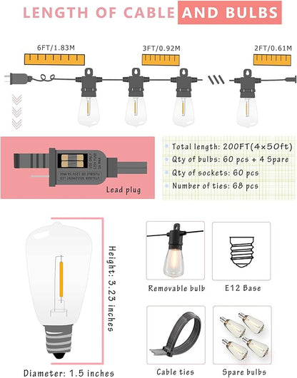 DAMAING String Lights for Outside 198FT,64 Vintage Bulbs LED Outdoor Edison Lights Waterproof,Shatterproof Connectable Patio Lights Outdoor,Dimmable Hanging String Lights for Backyard