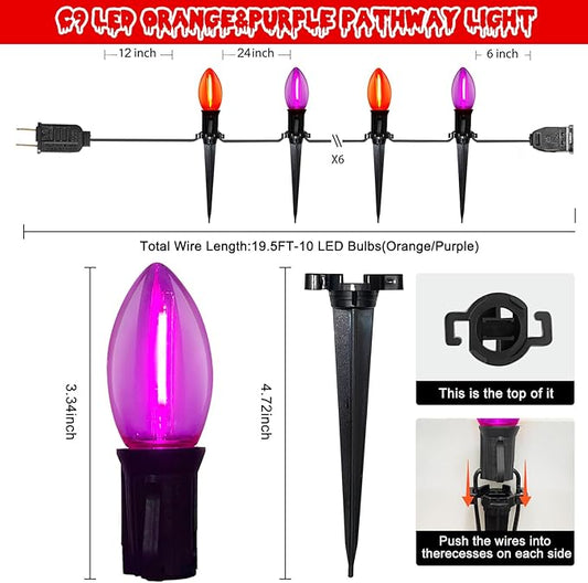SUNSGNE Halloween Pathway Lights, 19.5Ft Halloween Stake Lights with 10 Count C9 LED Orange and Purple Bulbs for Lawn Yard Sidewalk Garden Decoration