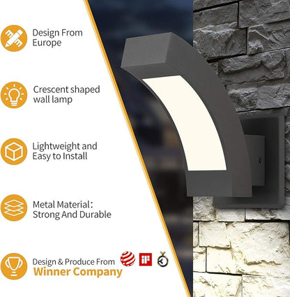 Wall Light Outdoor LED Wall Mount Lamp Modern Wall Sconce Lighting Meniscus Lantern Fixture Black Aluminum Lights for Porch Front Door Garden Yard Patio IP54 Waterproof 7.5W 600Lm 3000K